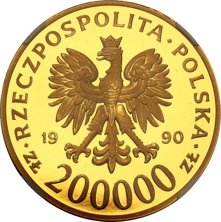 Polska 200.000 złotych 1990 Solidarność 39 mm NGC PF68 ULTRA CAMEO