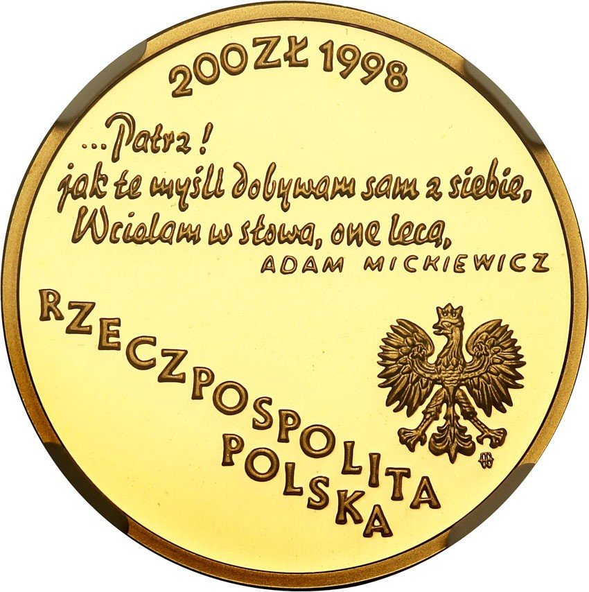 Polska 200 złotych 1998 Adam Mickiewicz NGC PF69 ULTRA CAMEO