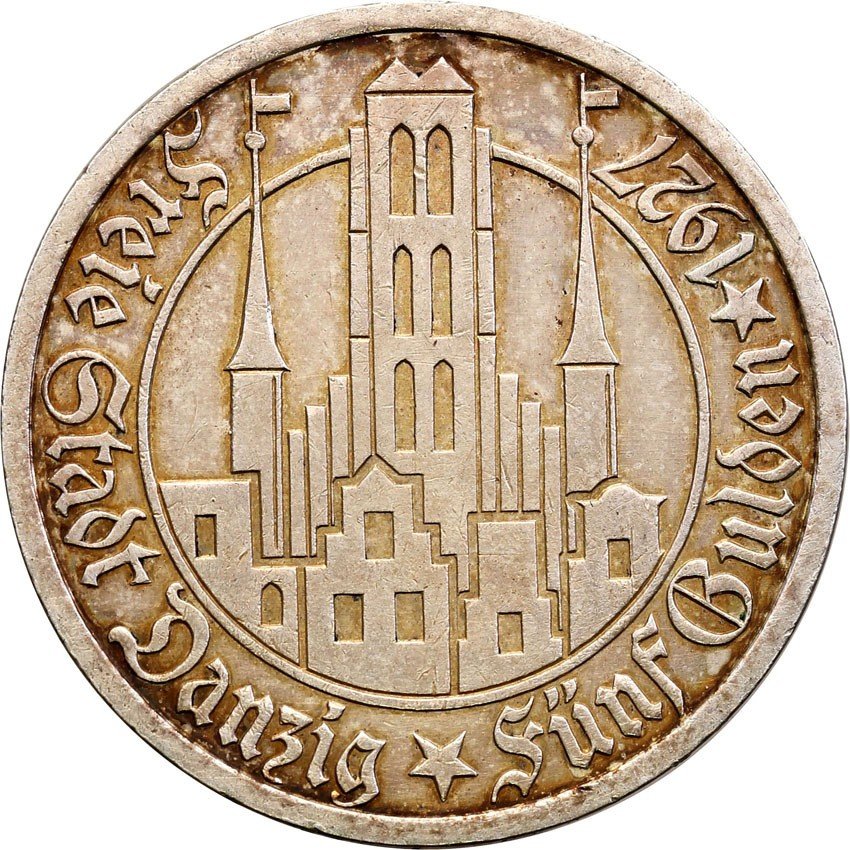 Wolne Miasto Gdańsk. 5 guldenów 1927, Kościół NMP, stempel zwykły