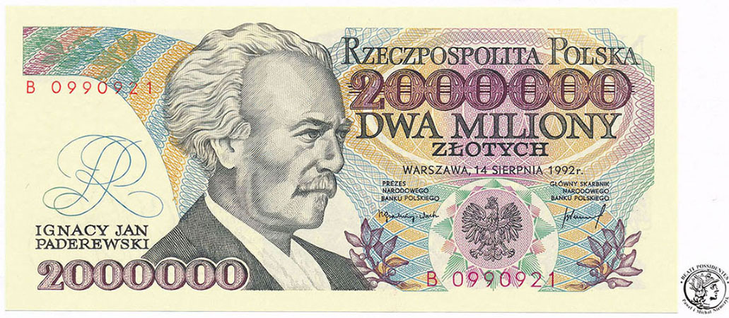 Banknot 2 miliony złotych 1992 Paderewski st.1