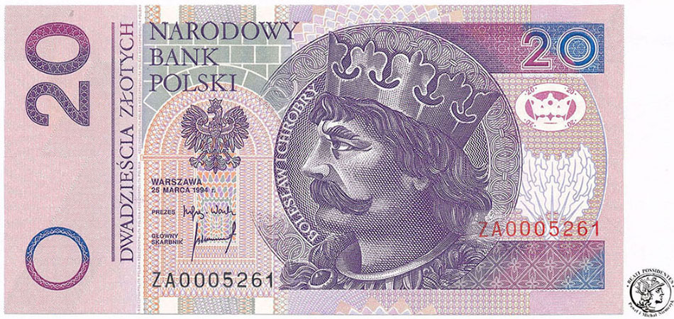 Banknot 20 złotych ZA (Zastępcza) st. 1 UNC