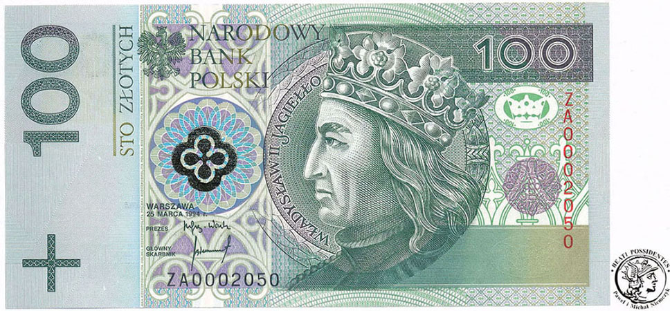 Banknot 100 złotych ZA (Zastępcza) st. 1 UNC