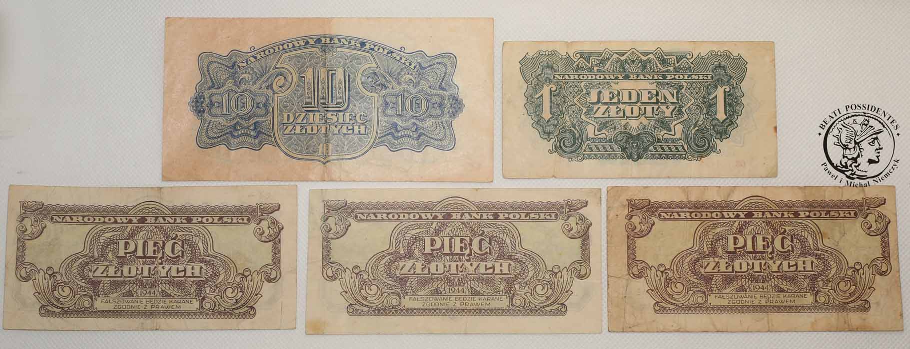 Banknoty 1-10 złotych 1944 różne serie lot 5 szt
