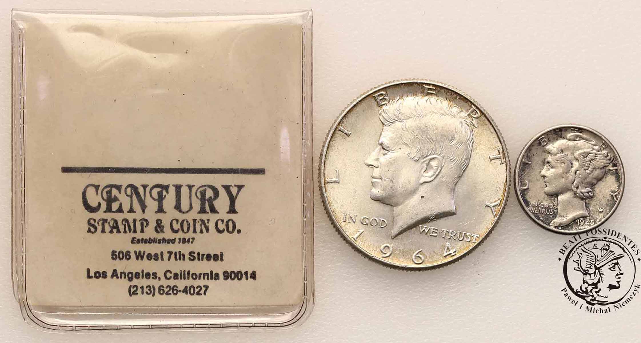 USA 1/2 dolara 1964 + 10 centów 1945 st.1/2