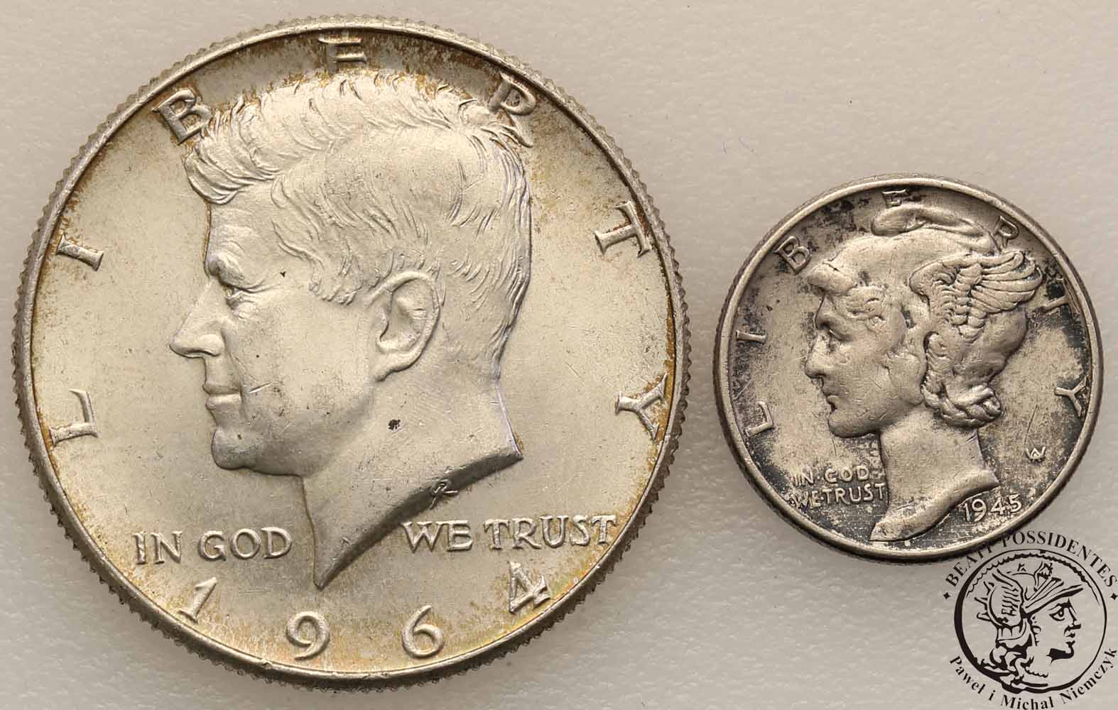 USA 1/2 dolara 1964 + 10 centów 1945 st.1/2