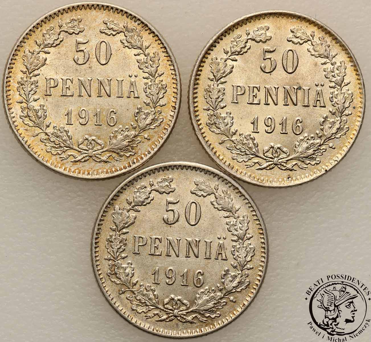 Finlandia 50 Pennia 1916 lot 3 sztuk st.1/1-