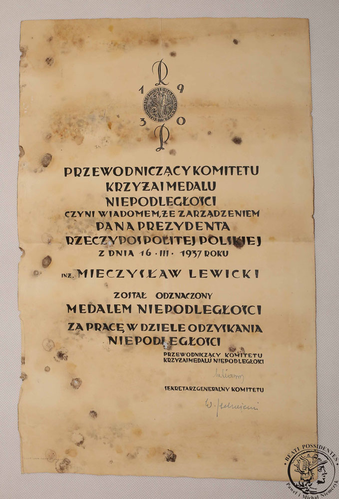 Dyplom nadania Medal Niepodległości 1937