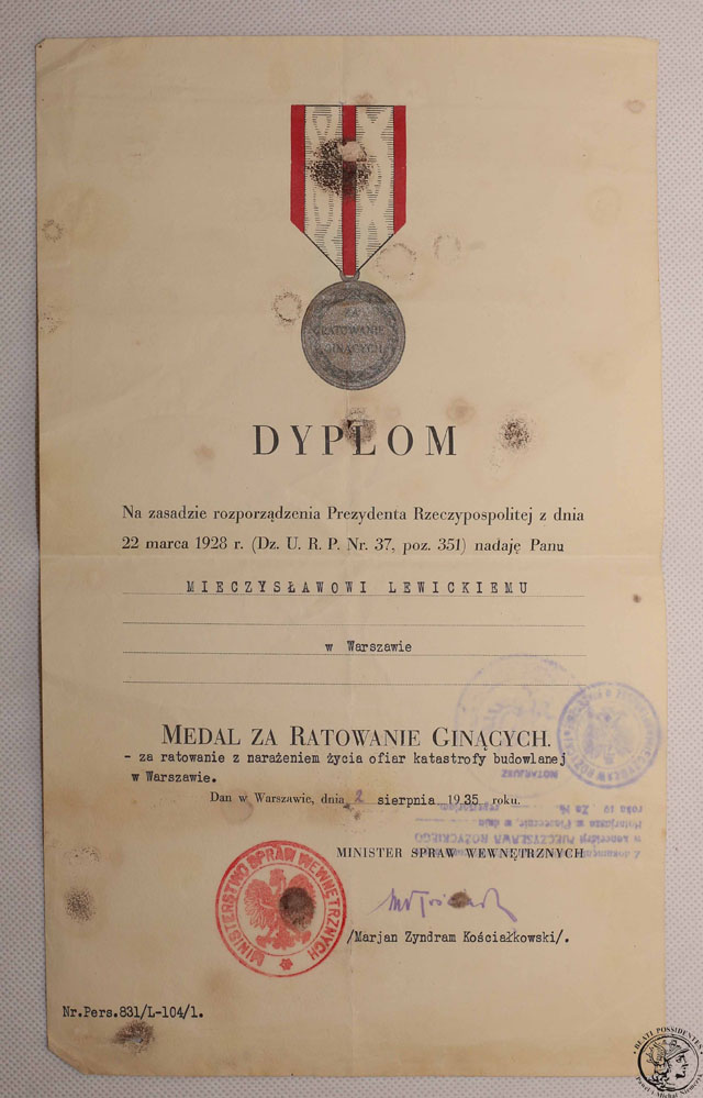 Dyplom medal za Ratowanie Ginących 1935