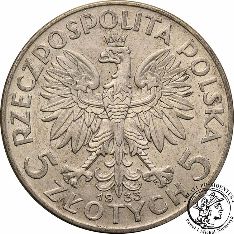 5 złotych 1933 ze znakiem głowa kobiety st.2