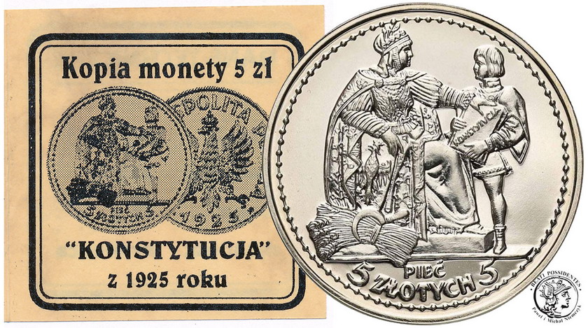 Polska KOPIA 5 złotych 1925 Konstytucja SREBRO st1
