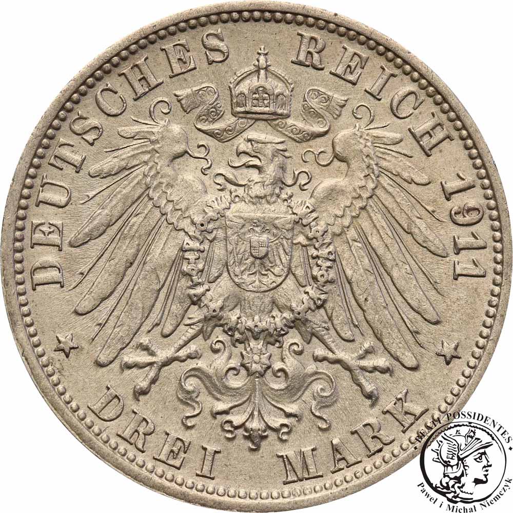 Niemcy Wirtembergia Wilhelm II 3 Marki 1911 F st1-