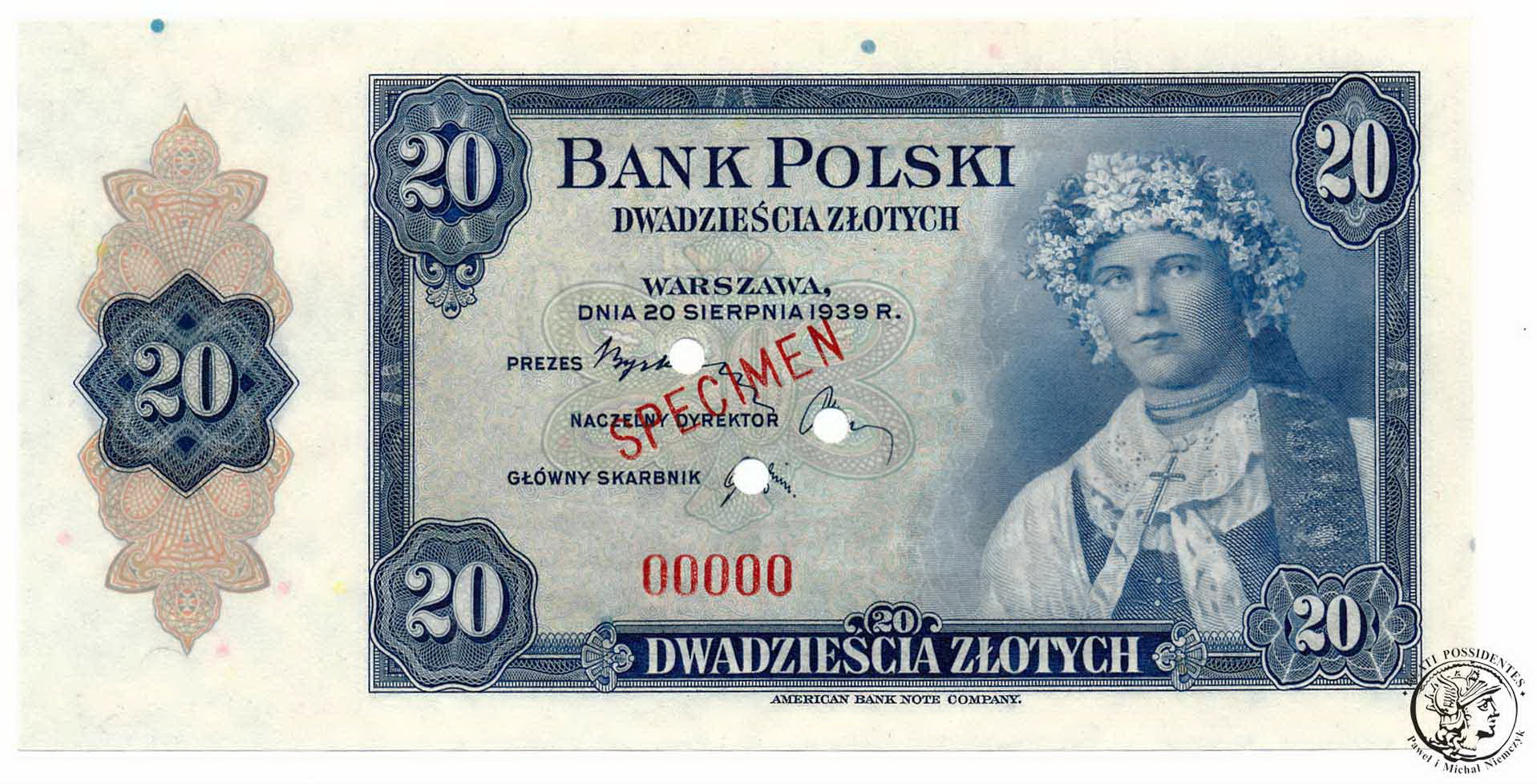 WZÓR 20 złotych 1939 SPECIMEN - UNC / RZADKI