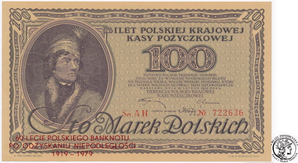 Kościuszko 100 marek polskich 1919 st. 1 (UNC)