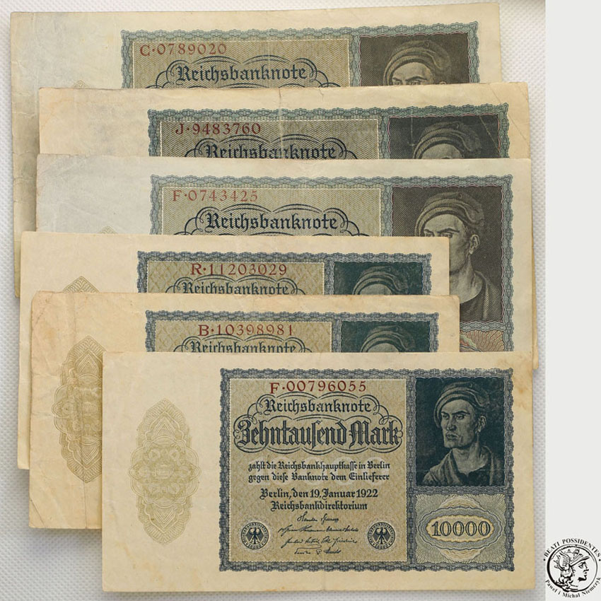 Niemcy banknoty 6 sztuk 10.000 marek 1922 st. 3/3-