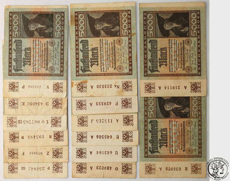 Niemcy banknoty 14 sztuk 5000 marek 1922 st.1-/3-