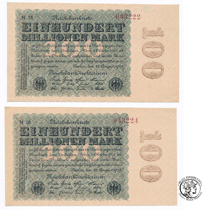 Niemcy banknoty 2x 100 milionów marek 1923 st. 1-