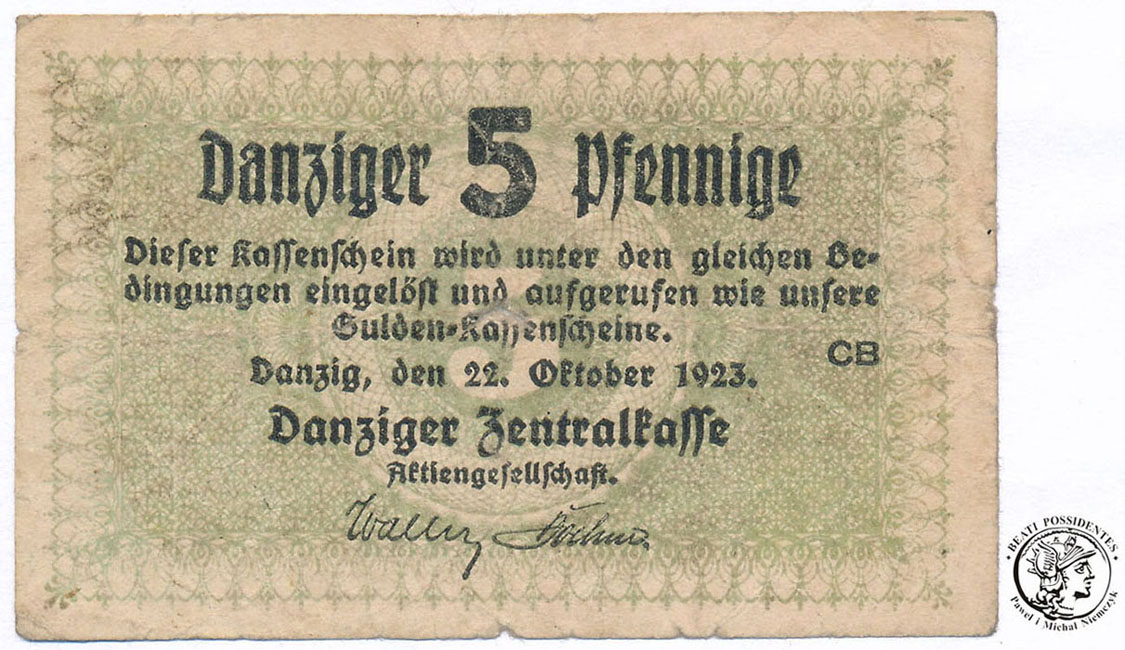 Gdańsk banknot 5 fenigów 1923 st. 3-