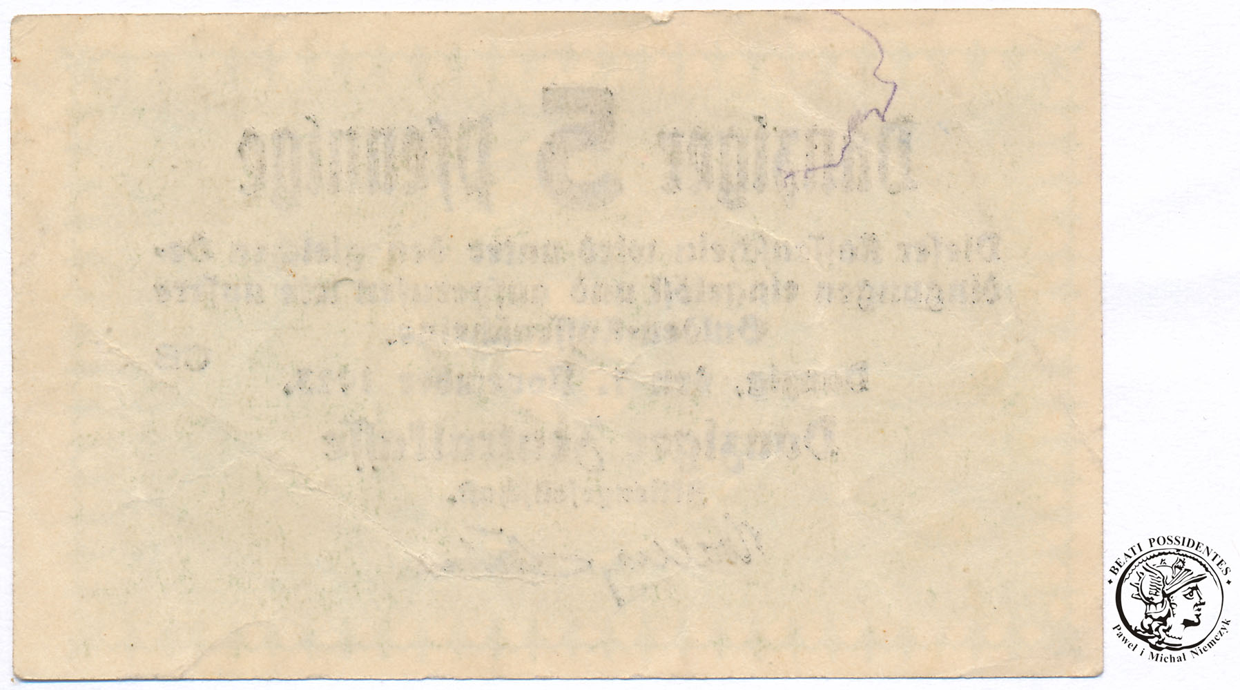 Gdańsk banknot 5 fenigów 1923 st. 2-/3+