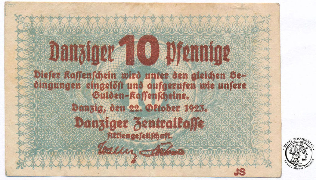 Gdańsk banknot 10 fenigów 1923 st. 2-/3+