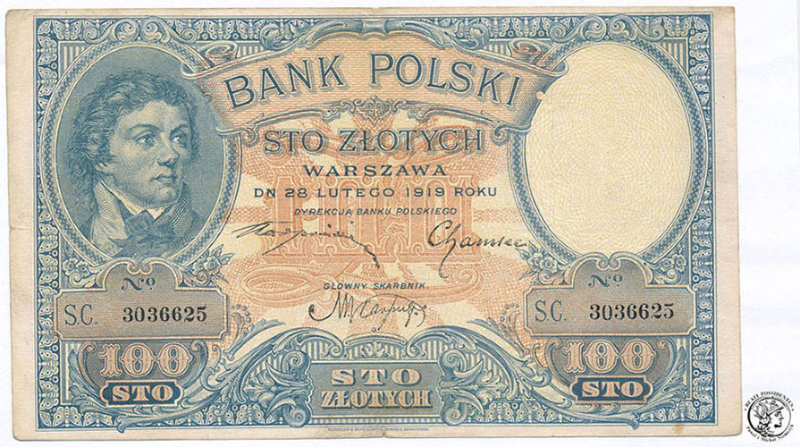 Banknot 100 złotych 1919 Kościuszko - ser.SC - st3
