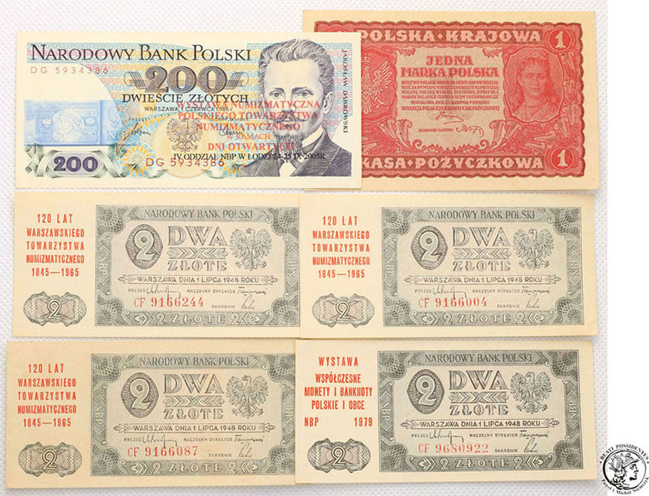 Polska 6 banknotów 1919-1986 z nadrukami st. 1/1-