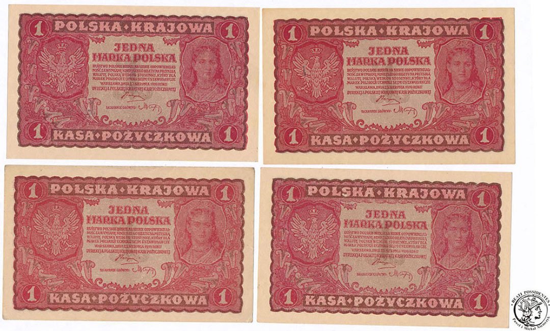 Zestaw 4 banknotów 1 marka polska 1919 st.1- UNC-