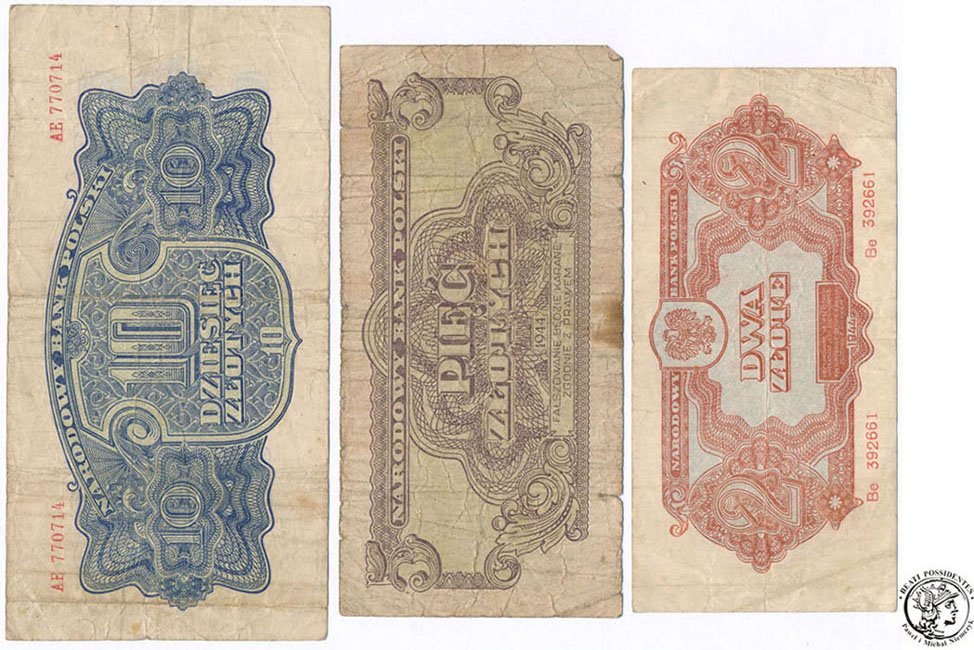 Zestaw banknotów 2,5,10 złote polskie 1944 st.3/3-