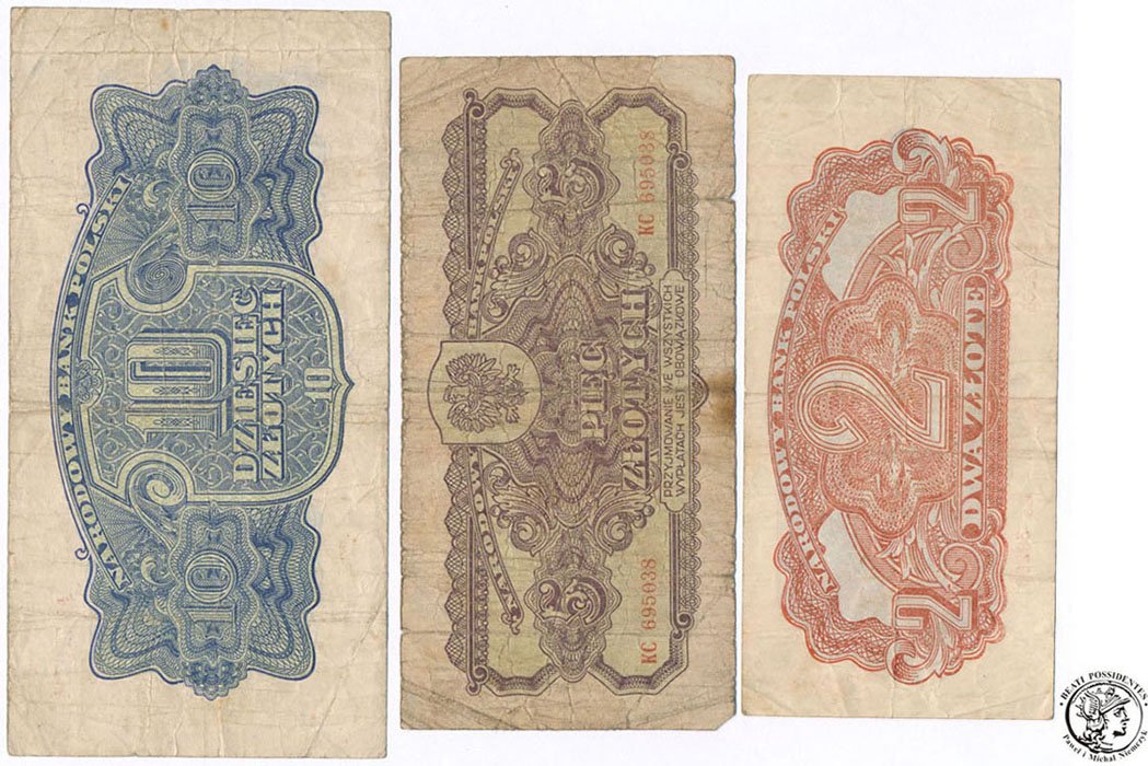 Zestaw banknotów 2,5,10 złote polskie 1944 st.3/3-