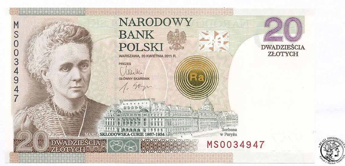 Banknot 20 złotych 2011 Maria Skłodowska Curie UNC