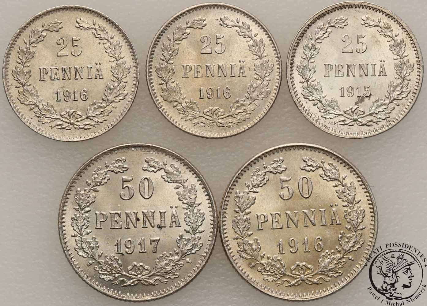 Finlandia 25-50 Pennia 1915-1917 lot 5 sztuk st. 1