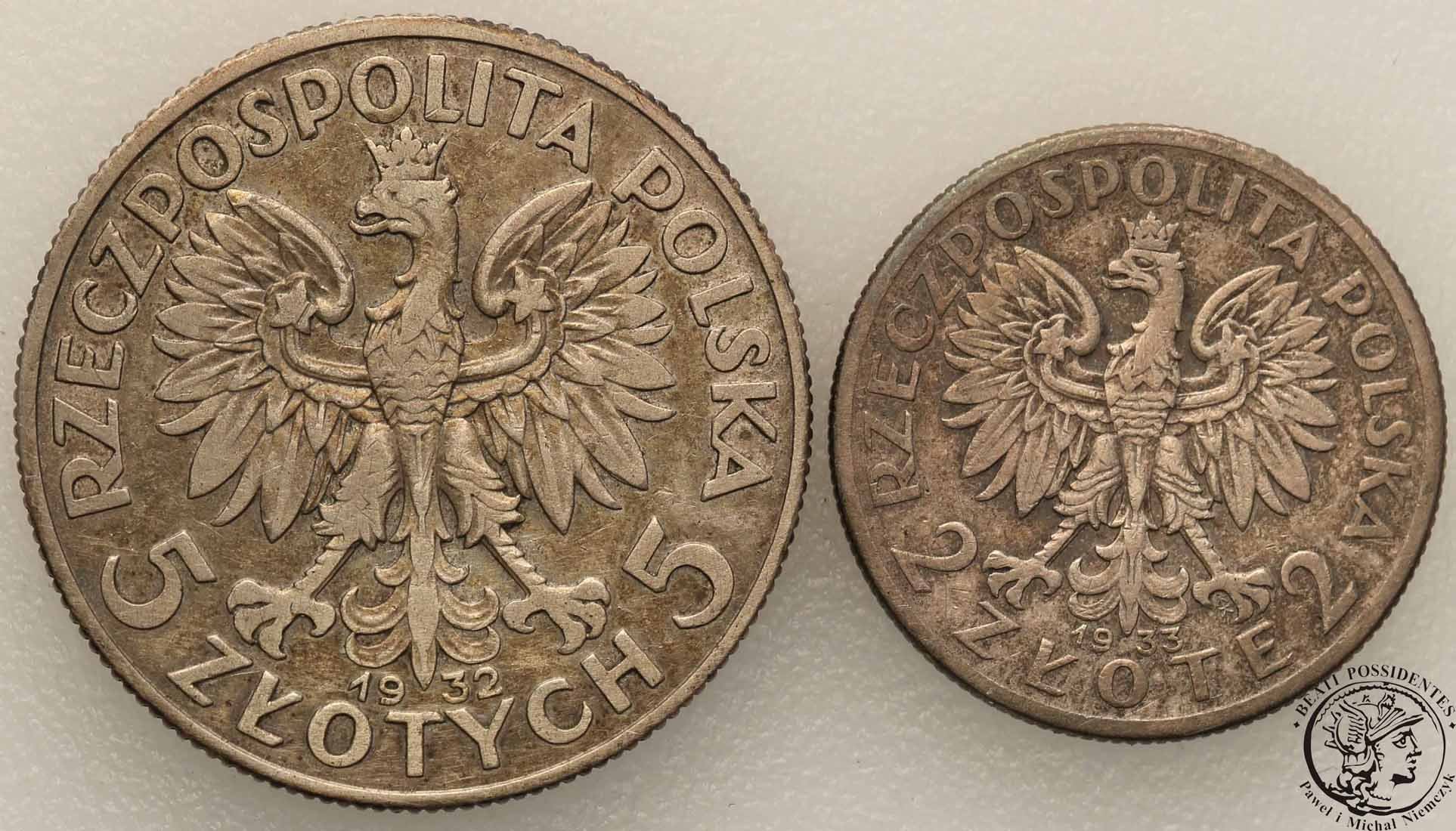 II RP zestaw 5 zł 1932 + 2 złote 1933 babka st. 3