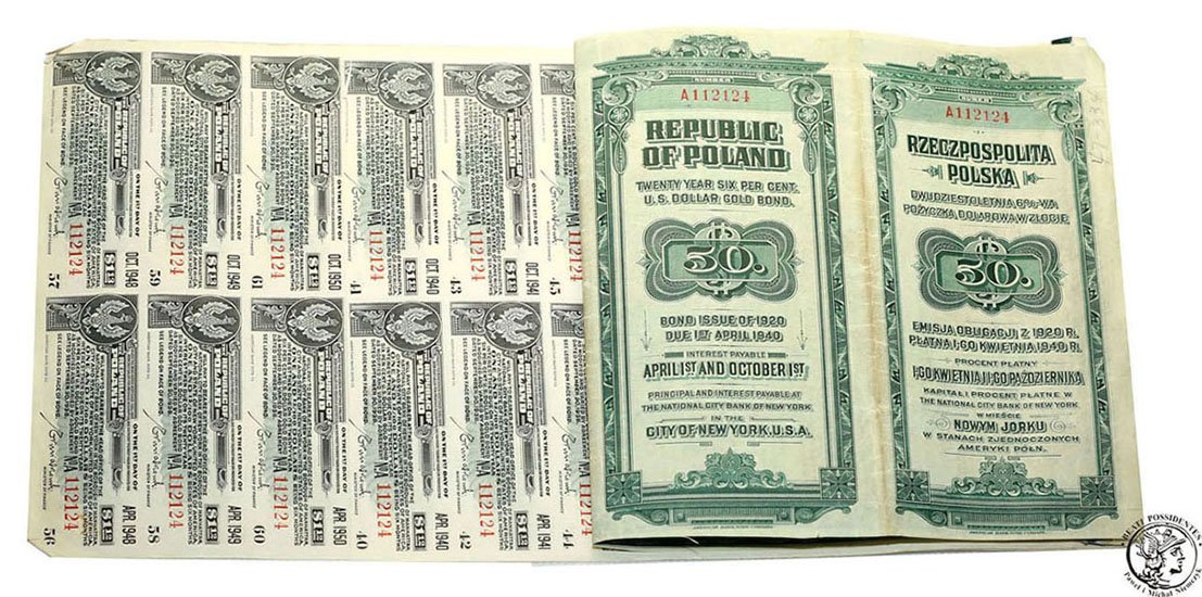 Polska obligacja 50 dolarów w złocie 1920 st.4