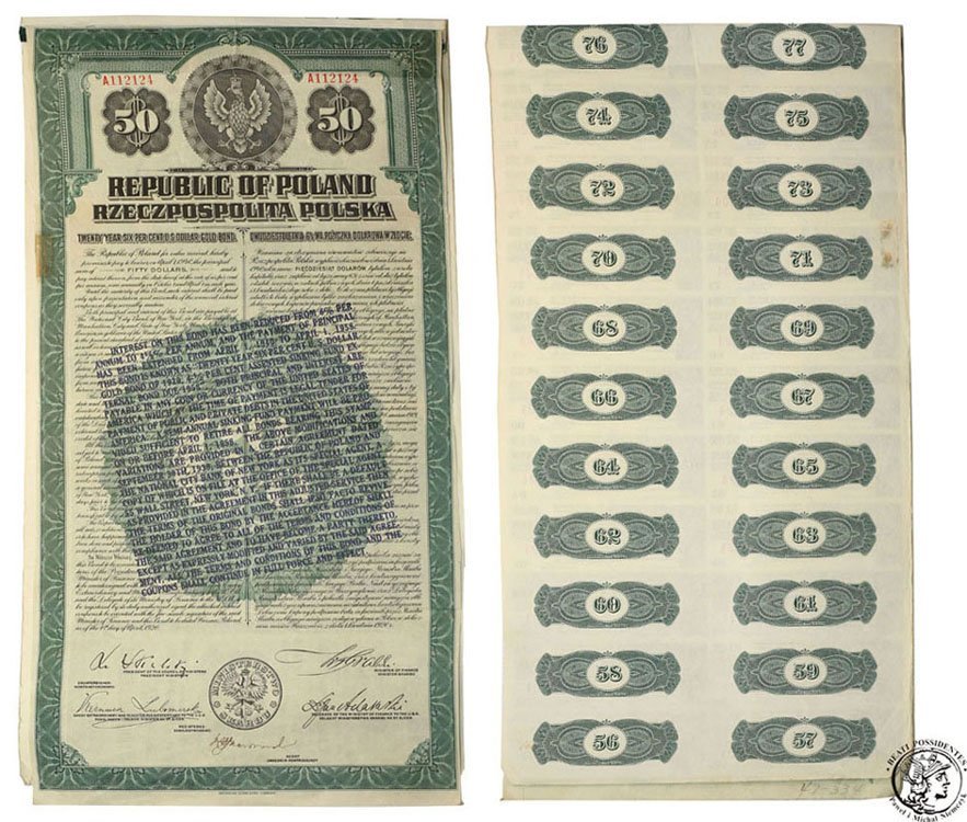 Polska obligacja 50 dolarów w złocie 1920 st.4