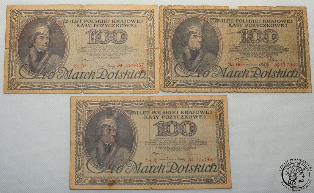 100 marek polskich 1919 Kościuszko - 3 sztuki