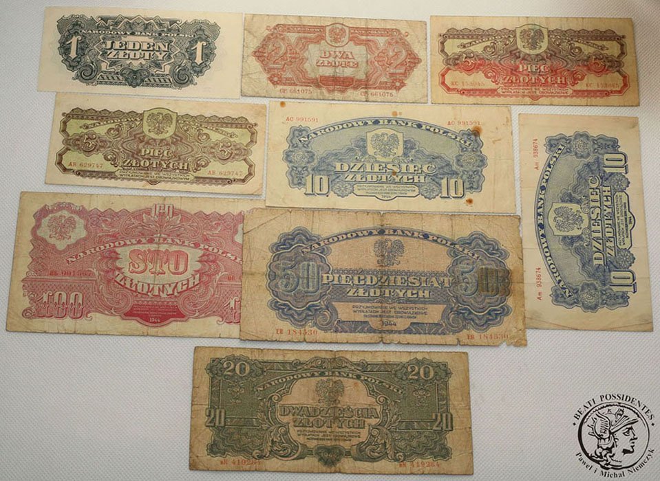 Banknoty zestaw RÓŻNE 1944 - 9 sztuk
