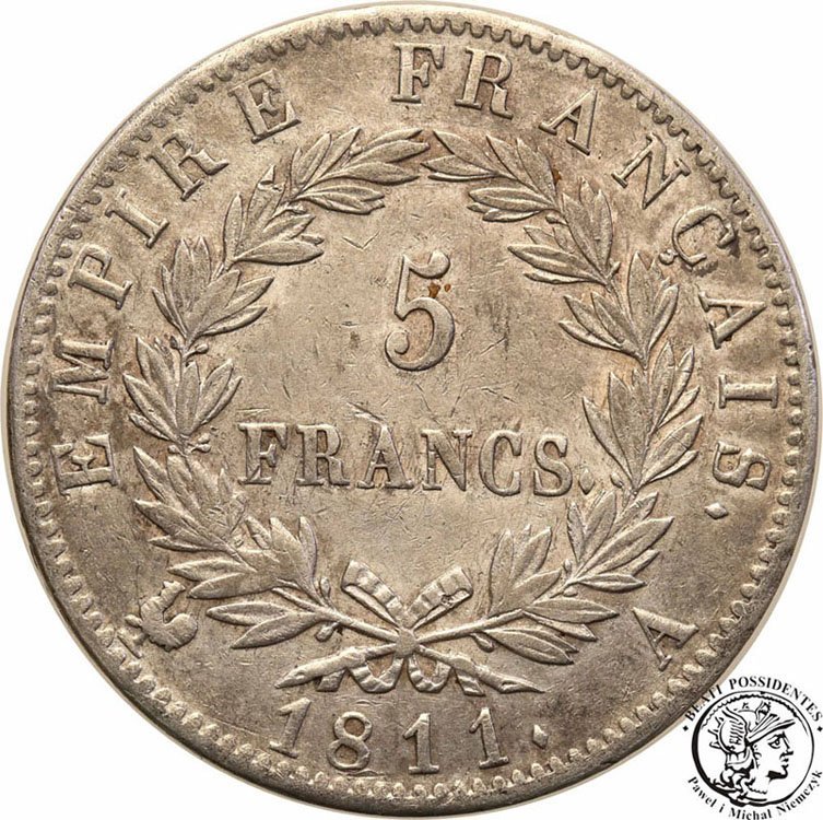Francja 5 Franków 1811 A Paryż RZADKIE st.3+/2-