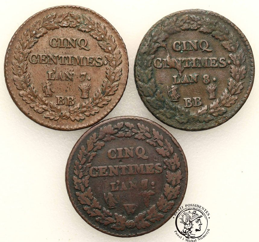 Francja 5 centimes początek XX w. lot 3 szt st3/3+