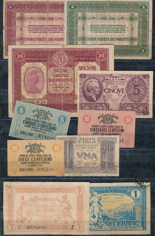 Włochy Francja banknoty notgeldy lot 10 szt st.3-4