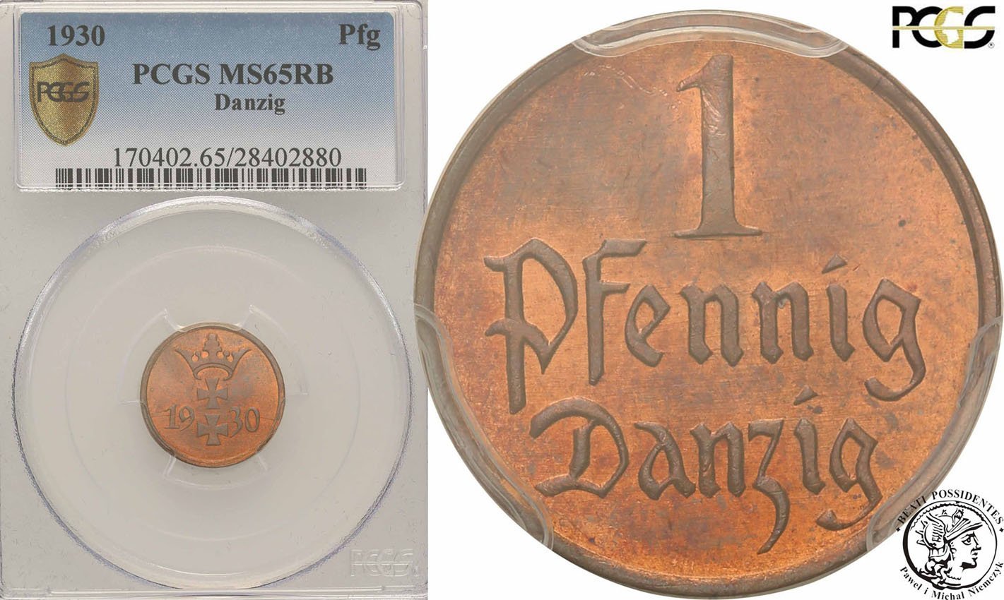 W. M. Gdańsk Danzig 1 fenig 1930 PCGS MS65 RB