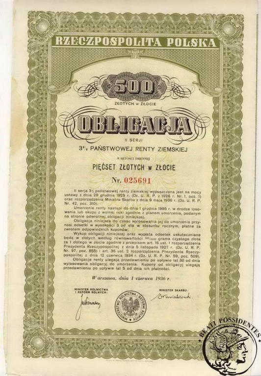 Obligacja 500 złotych 1936 renta ziemska st. 3