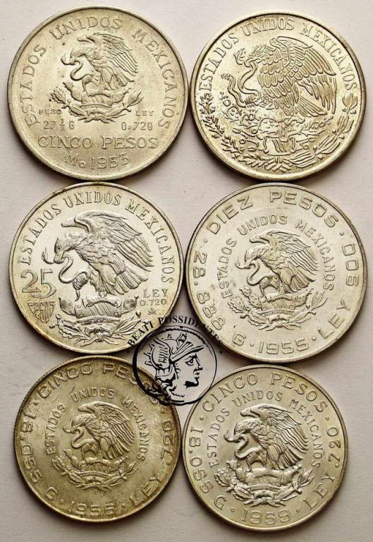 Meksyk monety srebrne lot 6 szt st. 2