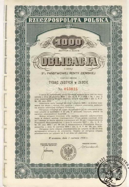 Obligacja 1 000 złotych 1936 renta ziemska st. 3