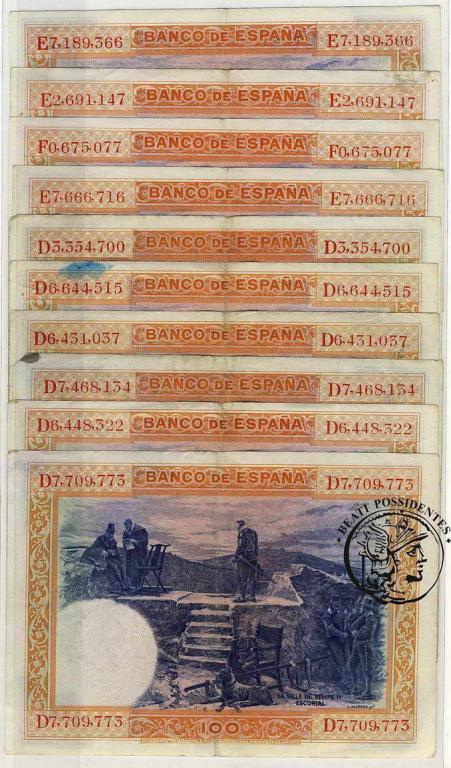 Hiszpania 100 Pesetas 1925 lot 10 szt. st.3/3+