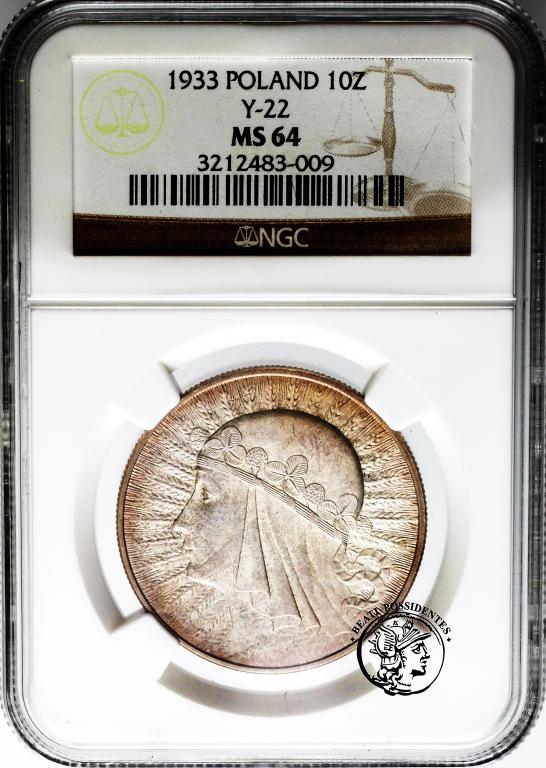 II RP 10 złotych 1933 kobieta NGC MS 64