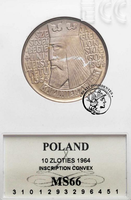 10 złotych 1964 Kazimierz wypukły GCN MS 66