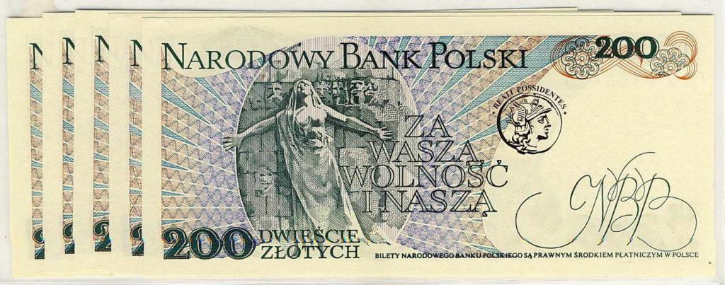 Polska 200 złotych 1988 seria EB lot 5 szt. st.1