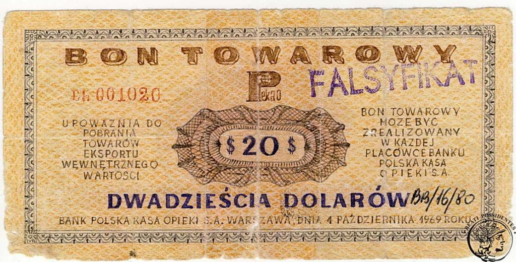 Falsyfikat 20 $ Dolarów 1969 Pewex st.4