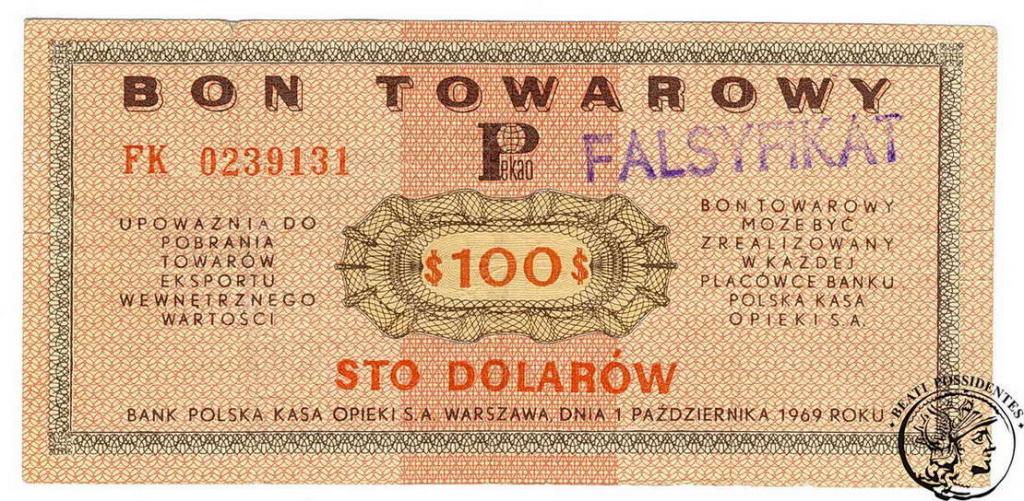 Falsyfikat 100 $ Dolarów 1969 Pewex st.3