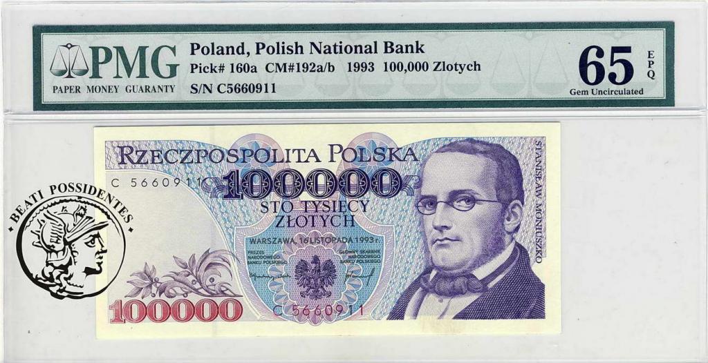 Polska 100 000 zlotych 1993 Seria C PMG 65