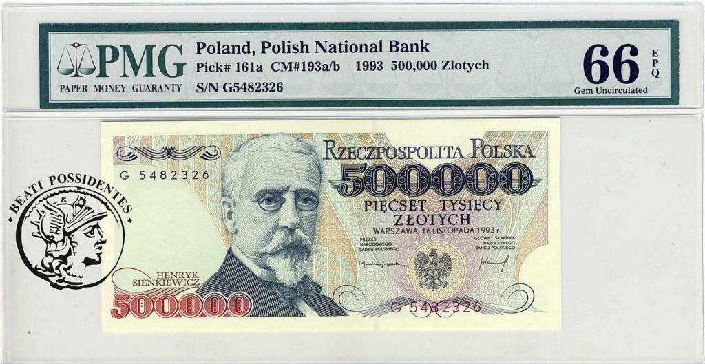 Polska 500 000 zlotych 1993 Seria G PMG 66